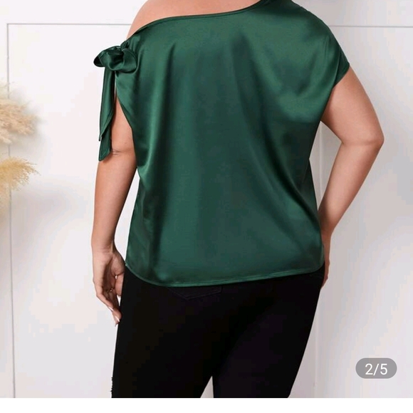 SHEIN Green Satin Off-Shoulder Blouse - Picture 2 of 2